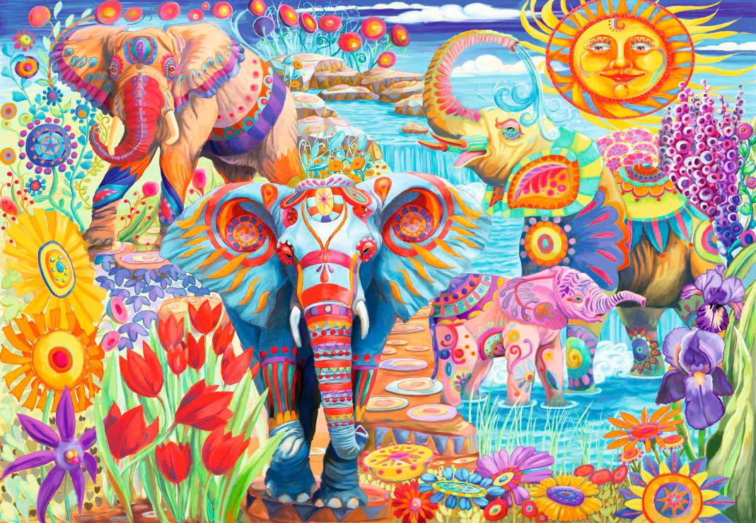 Puzzle Bluebird Jardim de Elefantes Coloridos de 1000 Peças
