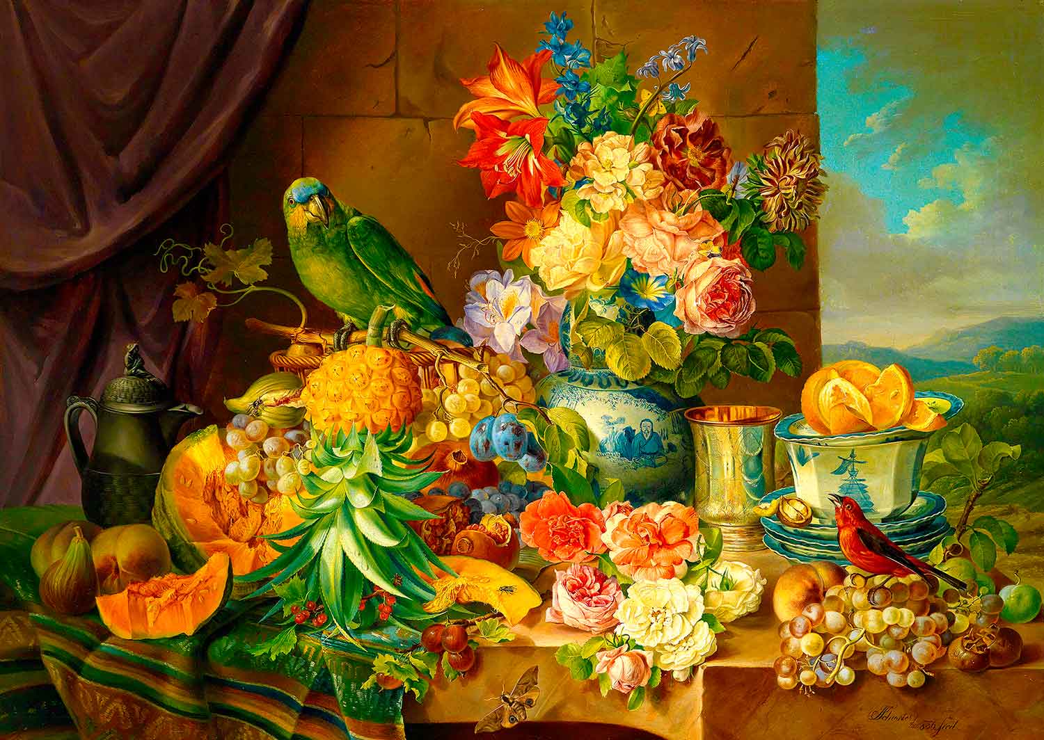 Puzzle Enjoy a natureza morta com flores, frutas e pa