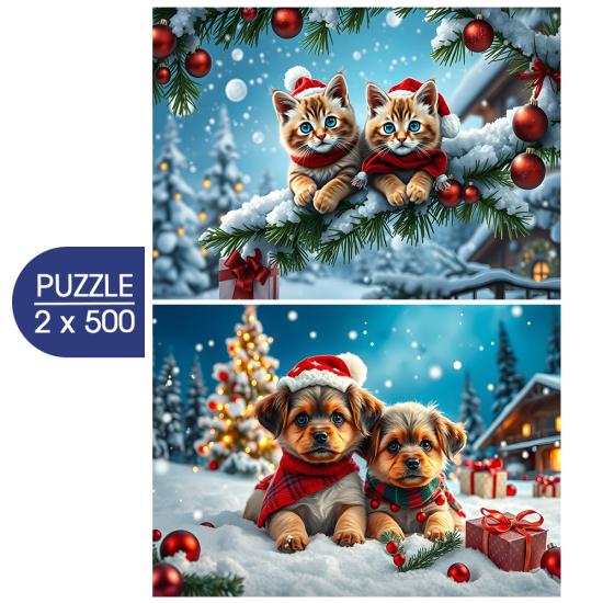 Puzzle Alipson Gatinhos E Cachorrinhos De Natal 2x500 peças