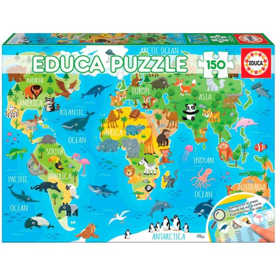 Puzzle Educa World Map Animais 150 Peças