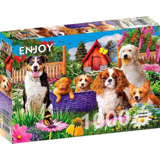Puzzle Enjoy Filhotes de cachorro no jardim de 1000 Peças