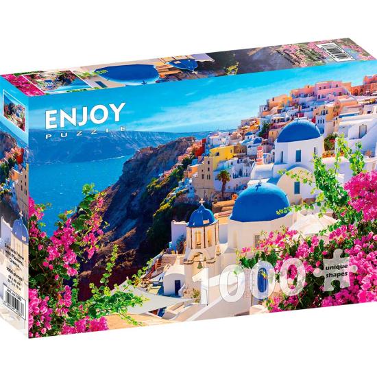Puzzle Enjoy a vista de Santorini com flores, Grécia de Puzzle Enjoy a vista de Santorini com flores, Grécia de