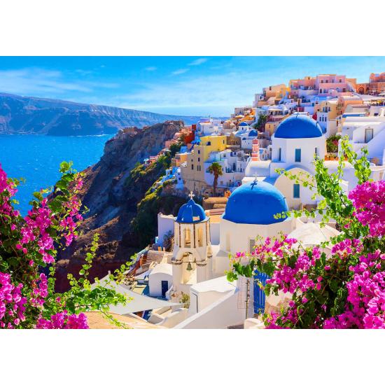 Puzzle Enjoy a vista de Santorini com flores, Grécia de Puzzle Enjoy a vista de Santorini com flores, Grécia de