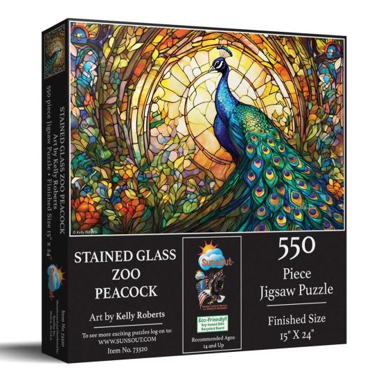 Puzzle SunsOut Zoo De Vitrais, Pavão de 550 peças Puzzle SunsOut Zoo De Vitrais, Pavão de 550 peças